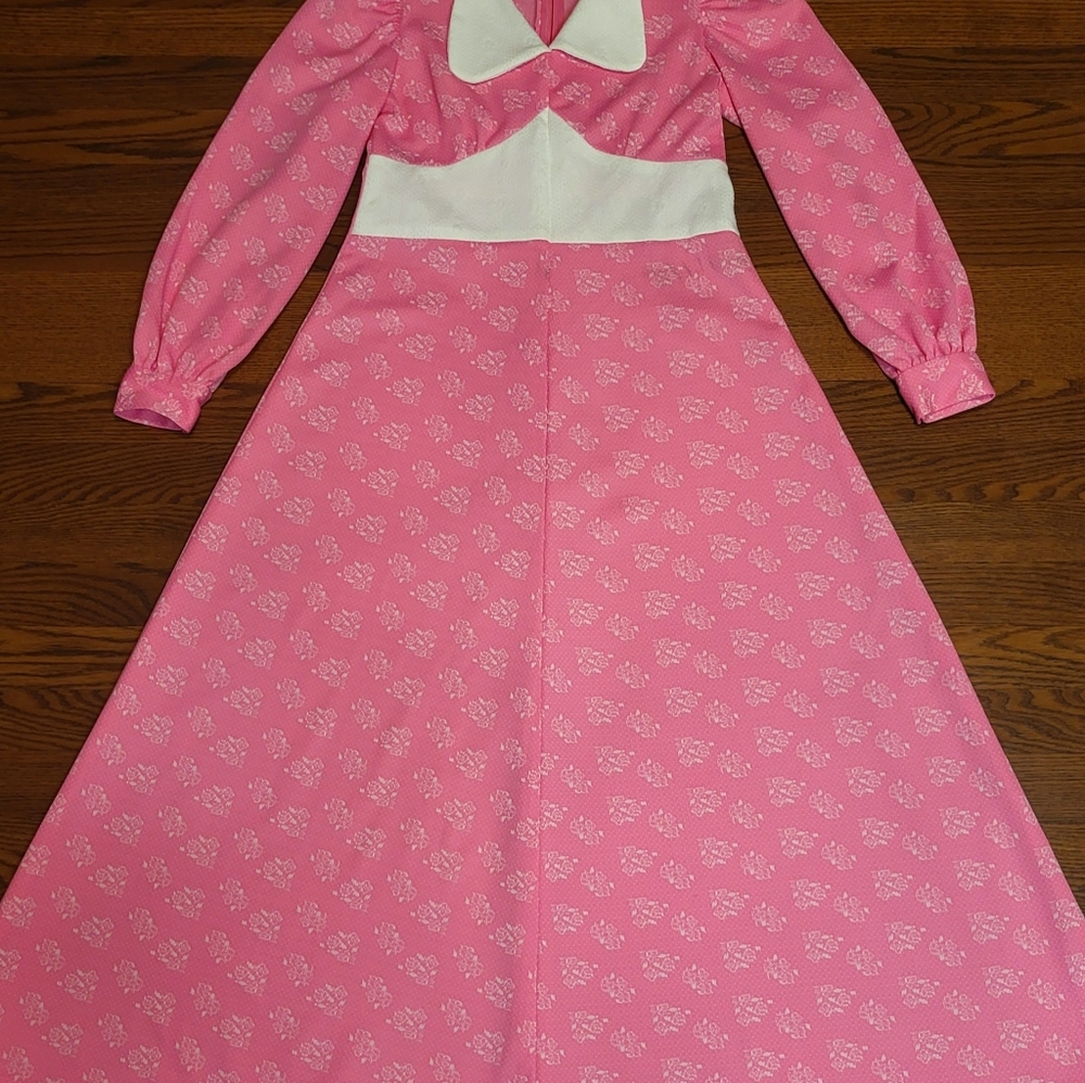 PINK Vintage MCM 60's Handmade FLORAL PRINT Cottage Prairie Maxi Dress sz M-L